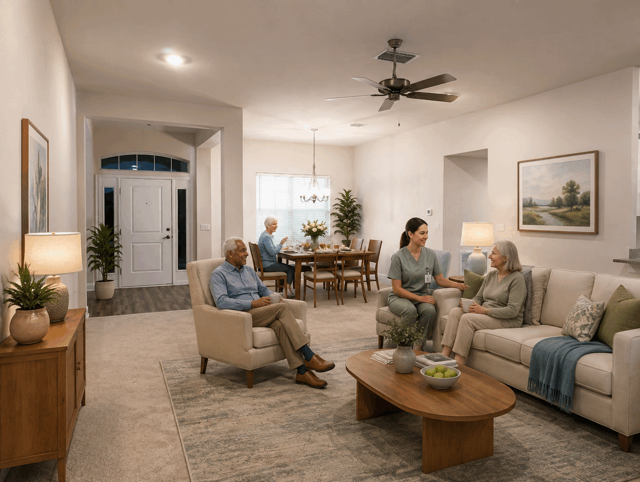 Residents and caregiver in a furnished community living room