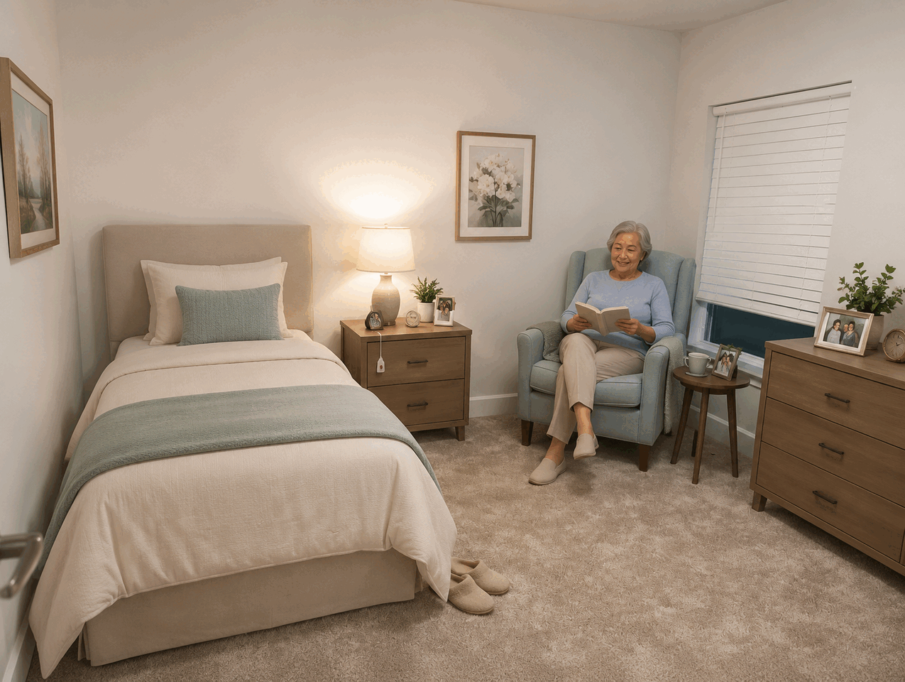 Resident reading in a furnished private bedroom