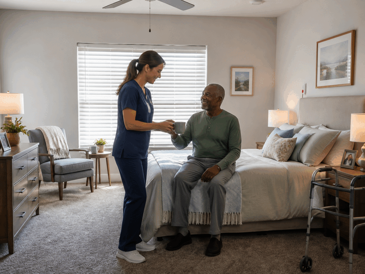 Caregiver offering tea to a resident in a furnished suite
