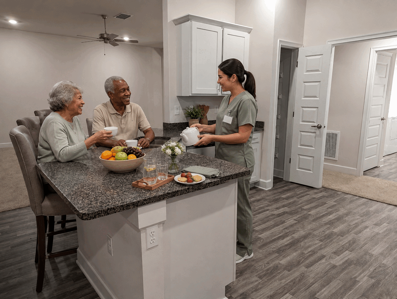 Residents and caregiver sharing a healthy snack at the kitchen island