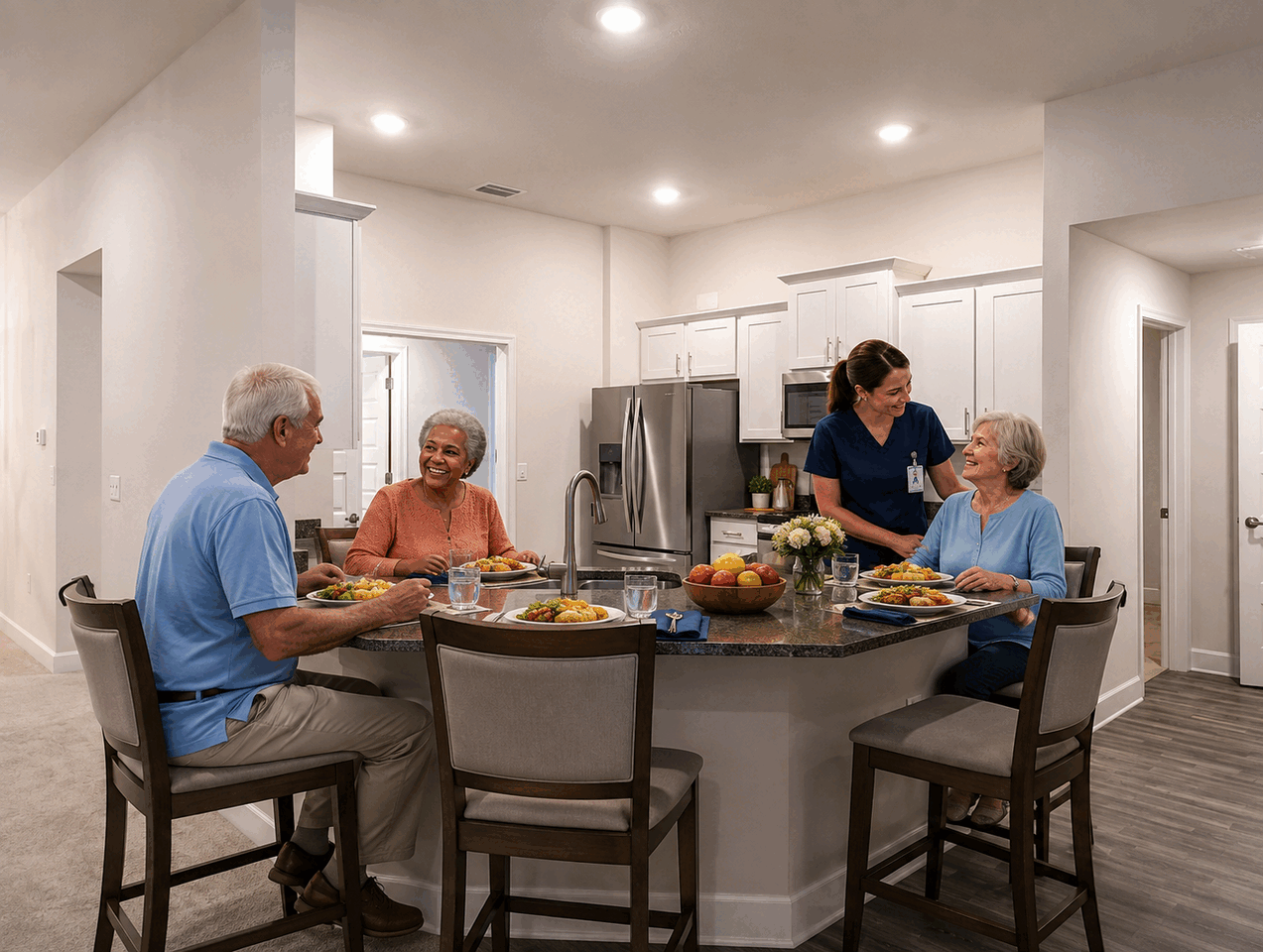Residents and a caregiver enjoying a colorful meal around the kitchen island