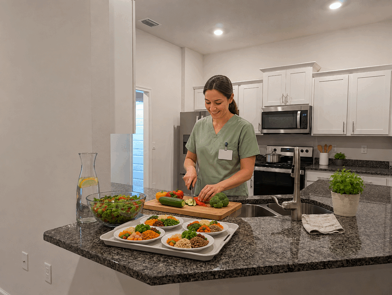 Caregiver preparing a fresh healthy meal in the residential kitchen
