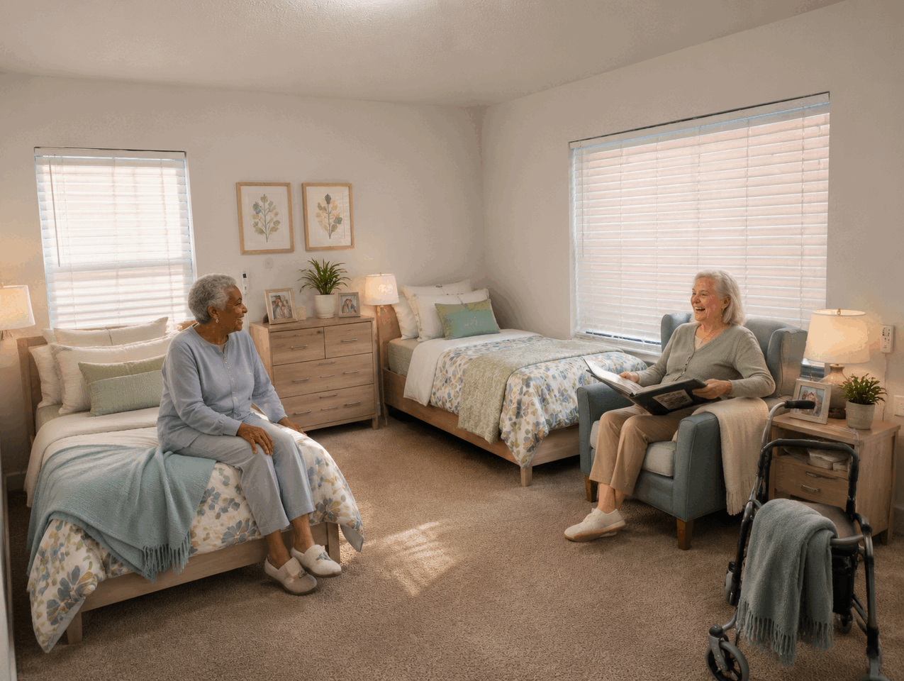 Two residents relaxing in a shared bedroom with coordinated beds