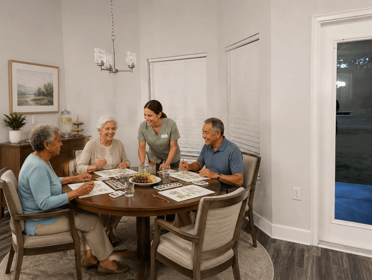 Residents painting together with an activities coordinator