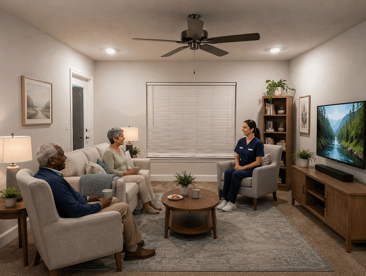 Residents and caregiver relaxing in a furnished media lounge