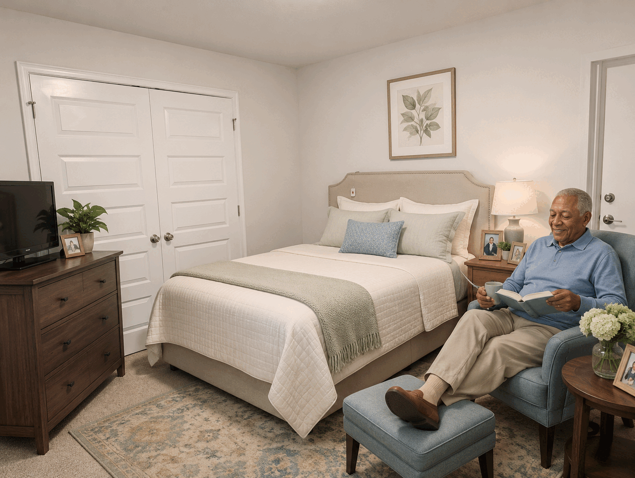 Resident reading in a warmly furnished private bedroom