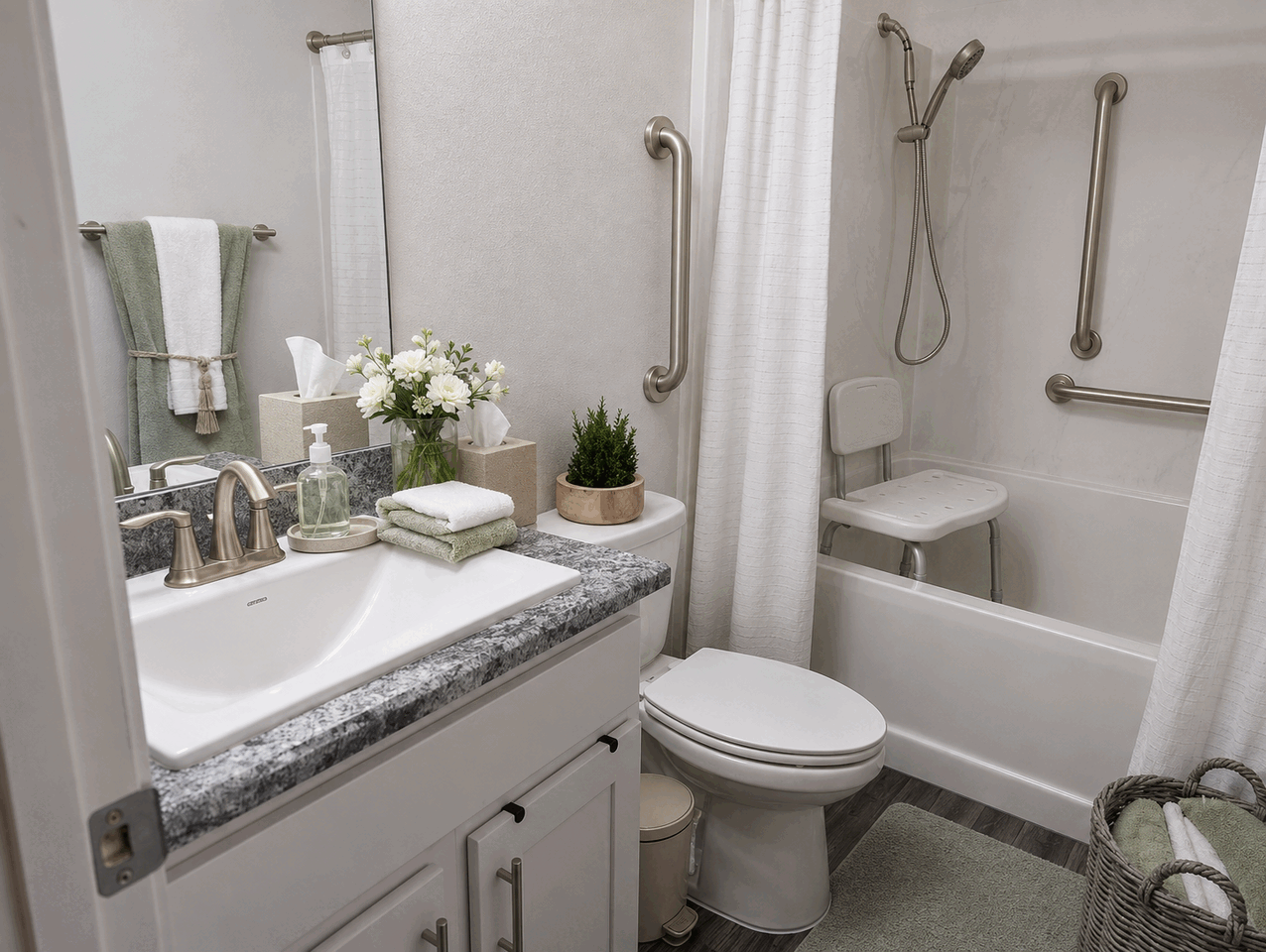 Residential bathroom with grab bars, shower seating and organized amenities