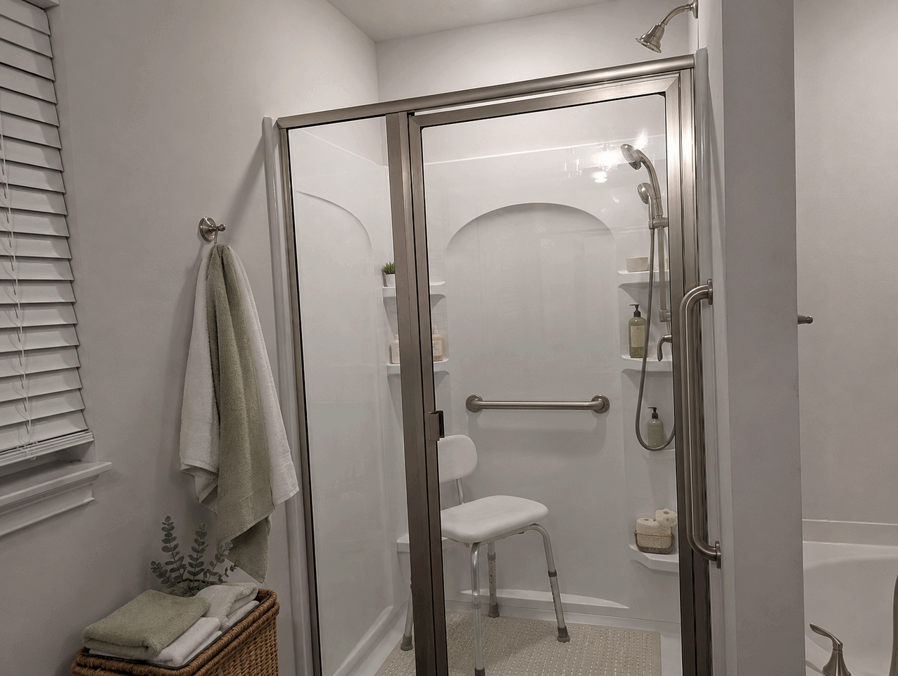 Enclosed shower with grab bars, handheld shower and shower chair