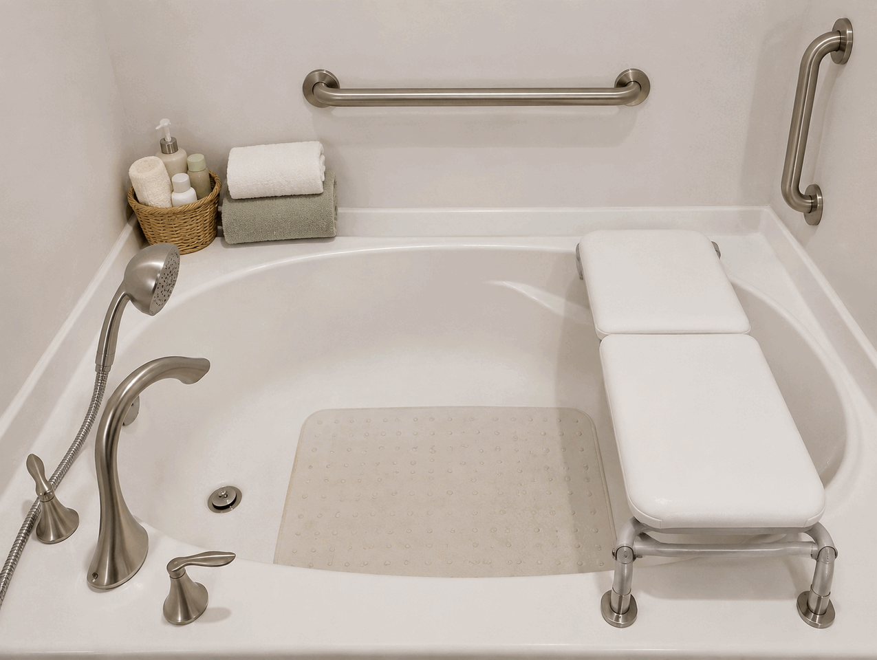 Existing bathtub with grab bars, handheld shower and transfer bench