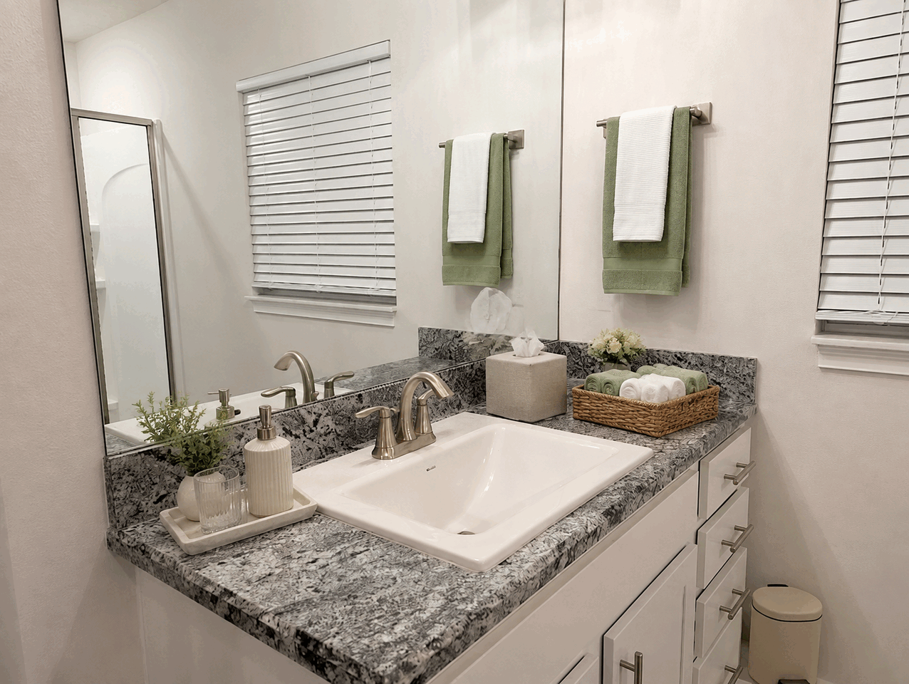 Warm and organized guest bathroom