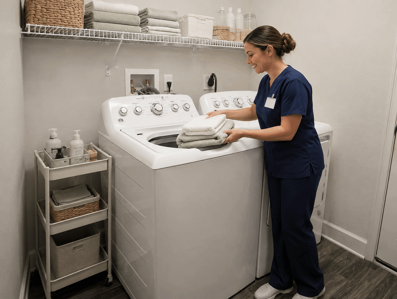 Caregiver organizing fresh towels in the on-site laundry room