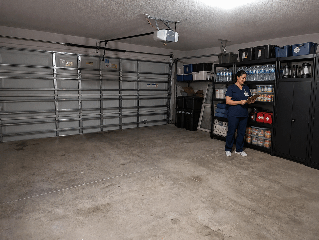 Staff member checking organized emergency preparedness supplies