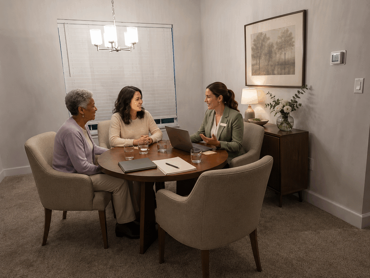 Resident, family member and care professional discussing a personalized plan